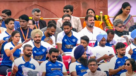 New Delhi: Leader of Opposition in Lok Sabha Rahul Gandhi with the Paris Olympics 2024 medal-winning contingent and others during the 78th Independence Day celebration at the Red Fort, in New Delhi, Thursday, Aug. 15, 2024.(PTI)