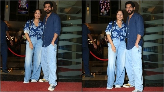 Sonakshi Sinha and Zaheer Iqbal twinned in stylish outfits while enjoying a date in the city. Sonakshi wore a printed shirt, a blue tank top, and boyfriend denim jeans.&nbsp;(HT Photo/Varinder Chawla)