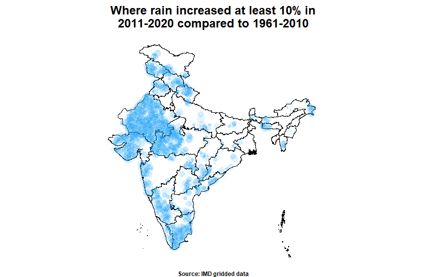Where rain increased by at least 10% in 2011-2020 compared to 1961-2010(Abhishek Jha) Where rain increased by at least 10% in 2011-2020 compared to 1961-2010(Abhishek Jha)