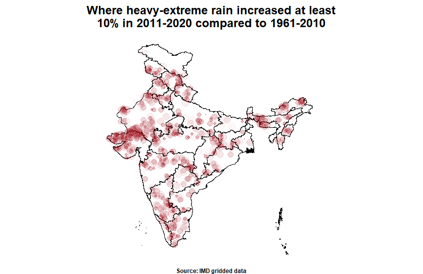 Where heavy extreme rain increased at least 10% in 2011-2020 compared to 1961-2010(Abhishek Jha) Where heavy extreme rain increased at least 10% in 2011-2020 compared to 1961-2010(Abhishek Jha)