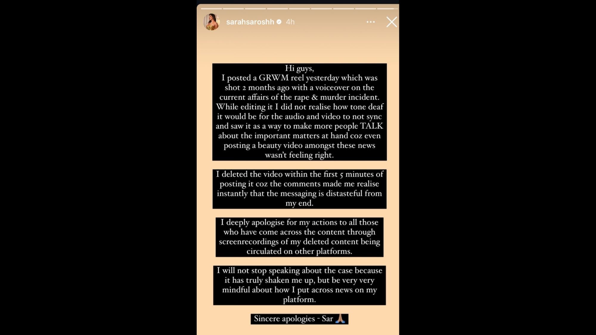 Sarah Sarosh apologises for GRWM video. Sarah Sarosh apologises for GRWM video.