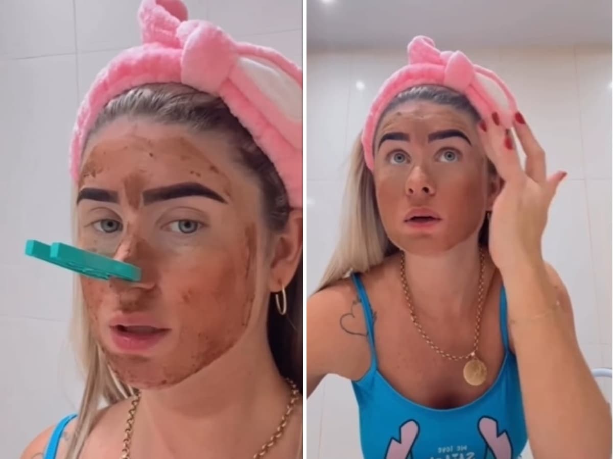 Stills from the video shared by Débora Peixoto, where she is applying her poop as a face mask (instagram)