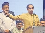 (UBT) chief Uddhav Thackeray addressing a meeting in Thane on Saturday. (Praful Gangurde /HT Photo)