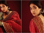 Janhvi Kapoor poses in a luxurious organza saree and contrasting green blouse. Janhvi Kapoor poses in a luxurious organza saree and contrasting green blouse.