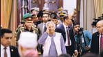 Nobel laureate Muhammad Yunus salutes to the attendees upon arrival at the Bangabhaban to take oath as the head of the interim government, in Dhaka, Bangladesh, on August 8. (REUTERS) Nobel laureate Muhammad Yunus salutes to the attendees upon arrival at the Bangabhaban to take oath as the head of the interim government, in Dhaka, Bangladesh, on August 8. (REUTERS)