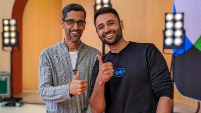 YouTuber Arun Maini with Google CEO Sundar Pichai in 2023. (Instagram/@mrwhosetheboss)