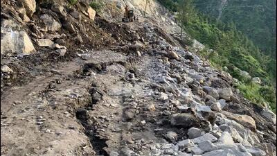 A landslide in Himachal’s Kinnaur blocked the NH 5. (HT )
