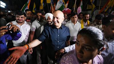 AAP leader Manish Sisodia in Kalkaji in New Delhi on Friday. (Sanchit Khanna/HT Photo)
