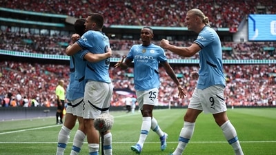 Erling Haaland celebrates a goal with his Manchester City teammates. (AFP) Erling Haaland celebrates a goal with his Manchester City teammates. (AFP)