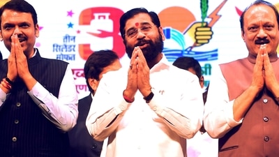 Maharashtra chief minister Eknath Shinde and deputy chief ministers Devendra Fadnavis and Ajit Pawar. (PTI) Maharashtra chief minister Eknath Shinde and deputy chief ministers Devendra Fadnavis and Ajit Pawar. (PTI)