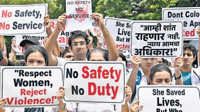 Mumbai, India - Aug. 16, 2024: Resident doctors and medical students across the city's government hospital staged a protest against the alleged rape and murder of a woman doctor at Kolkata's RG Kar Medical College and Hospital, at Azad Maidan, in Mumbai, India, on Friday, August 16, 2024. (Photo by Anshuman Poyrekar/ Hindustan Times) (Hindustan Times) Mumbai, India - Aug. 16, 2024: Resident doctors and medical students across the city's government hospital staged a protest against the alleged rape and murder of a woman doctor at Kolkata's RG Kar Medical College and Hospital, at Azad Maidan, in Mumbai, India, on Friday, August 16, 2024. (Photo by Anshuman Poyrekar/ Hindustan Times) (Hindustan Times)