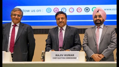 New Delhi: Chief Election Commissioner Rajiv Kumar with Election Commissioners Gyanesh Kumar and Sukhbir Singh Sandhu during a press conference to announce the schedule for Assembly elections in Jammu and Kashmir and Haryana, in New Delhi, Friday, Aug. 16, 2024. (PTI Photo/Atul Yadav) (PTI)