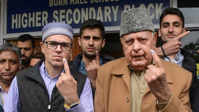 National Conference President Farooq Abdullah, his son and party Vice President Omar Abdullah. (PTI) National Conference President Farooq Abdullah, his son and party Vice President Omar Abdullah. (PTI)