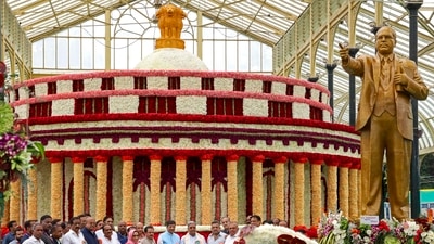 The annual Independence Day flower show pays tribute to Dr B R Ambedkar at Lalbagh Botanical Garden in Bengaluru. (PTI) The annual Independence Day flower show pays tribute to Dr B R Ambedkar at Lalbagh Botanical Garden in Bengaluru. (PTI)
