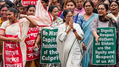 West Bengal chief minister Mamata Banerjee along with party leaders and supporters takes part in a protest rally demanding justice for a woman doctor who was allegedly raped and murdered at R G Kar Medical College and Hospital. (PTI)
