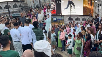 The image shows Pakistanis and Indians singing Jana Gana Mana. (Instagram/@faridqureshi_uk)