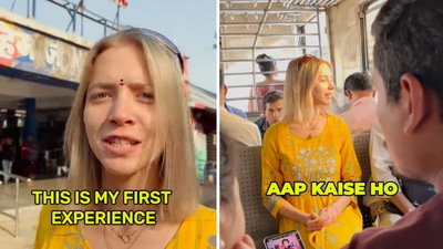 The image shows a Russian woman riding a Mumbai local while visiting India. (Instagram/@mariechug) The image shows a Russian woman riding a Mumbai local while visiting India. (Instagram/@mariechug)