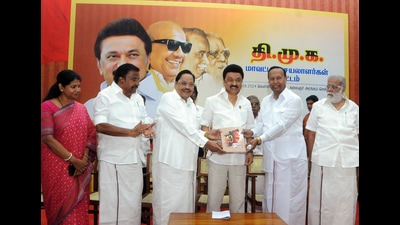 Tamil Nadu CM MK Stalin releases his book titled 'Then Thisaiyil Theerpu' (Decision of the South) in the presence of Dravida Munnetra Kazhagam (DMK) MPs Kanimozhi Karunanidhi, TR Baalu and others, in Chennai on Friday. (ANI PHOTO) Tamil Nadu CM MK Stalin releases his book titled 'Then Thisaiyil Theerpu' (Decision of the South) in the presence of Dravida Munnetra Kazhagam (DMK) MPs Kanimozhi Karunanidhi, TR Baalu and others, in Chennai on Friday. (ANI PHOTO)