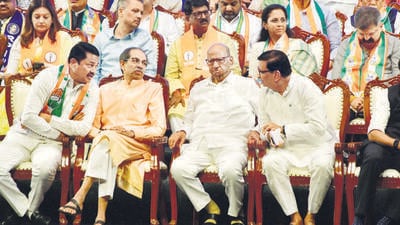 Those present at Friday’s MVA meeting included Shiv Sena (UBT) chief Uddhav Thackeray, NCP chief Sharad Pawar and state Congress president Nana Patole. (Bhushan Koyande/HT Photo)