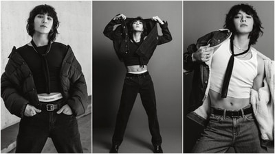 This photoshoot broke the internet. For the first look, Jungkook wore a black crop top, matching tie, chains, tapered-fit denim jeans, and a cropped jacket. In the second picture, the singer donned a white cropped tank top, denim jeans, and a denim fleece jacket. (Instagram) This photoshoot broke the internet. For the first look, Jungkook wore a black crop top, matching tie, chains, tapered-fit denim jeans, and a cropped jacket. In the second picture, the singer donned a white cropped tank top, denim jeans, and a denim fleece jacket. (Instagram)