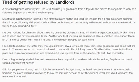 Screenshot of a Reddit user's post. (Reddit)