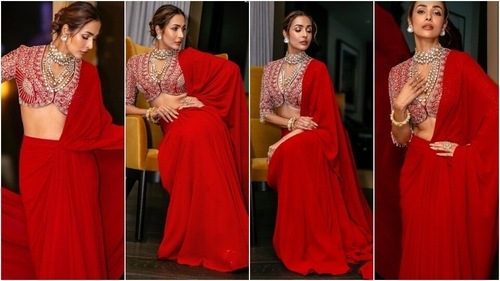 Malaika Arora wears a red saree for the 15th Indian Film Festival of Melbourne opening night. (Instagram ) Malaika Arora wears a red saree for the 15th Indian Film Festival of Melbourne opening night. (Instagram )