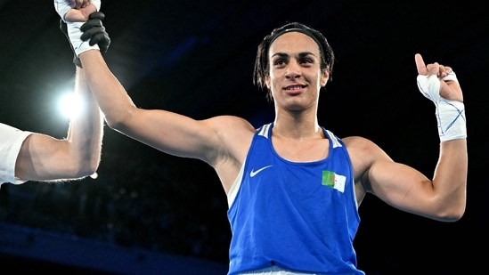 Algeria's Imane Khelif reacts after beating Thailand's Janjaem Suwannapheng in the women's 66kg semi-final boxing match during the Paris 2024 Olympics(AFP)