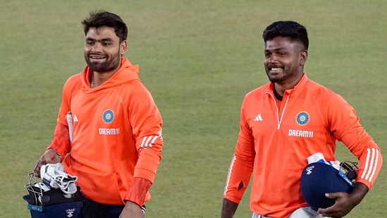 India's Rinku Singh and Sanju Samson during a practice session (PTI)