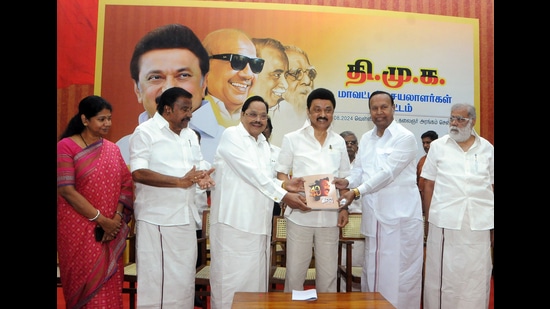 Tamil Nadu CM MK Stalin releases his book titled 'Then Thisaiyil Theerpu' (Decision of the South) in the presence of Dravida Munnetra Kazhagam (DMK) MPs Kanimozhi Karunanidhi, TR Baalu and others, in Chennai on Friday. (ANI PHOTO)