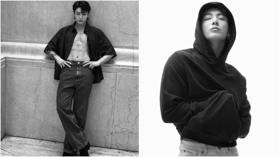 Meanwhile, Jungkook, who is currently completing his mandatory military service, has done three campaigns for Calvin Klein. While the singer, like Mingyu, wore the classic silhouettes - logo tees and mixed-wash denim layers - for the photoshoots, he also embraced androgynous style statements for the campaign.&nbsp;(Instagram)