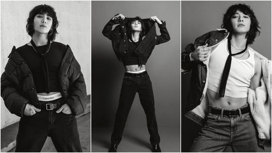 This photoshoot broke the internet. For the first look, Jungkook wore a black crop top, matching tie, chains, tapered-fit denim jeans, and a cropped jacket. In the second picture, the singer donned a white cropped tank top, denim jeans, and a denim fleece jacket.&nbsp;(Instagram)