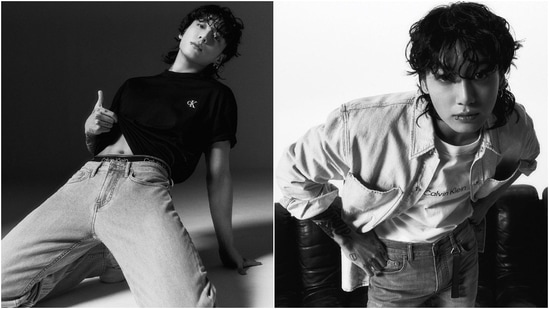Here, Jungkook wears the classic black and white Calvin Klein logo tees. He styled them with denim jeans and a denim jacket.&nbsp;(Instagram)