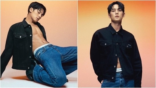 Showing off his enviable abs, Mingyu wore a black denim trucker jacket&nbsp;and straight-fit denim jeans in a light blue shade. He styled the ensemble with black Chelsea boots.&nbsp;(Instagram)