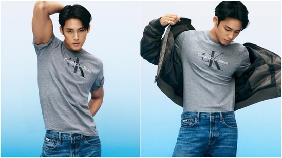 Mingyu's debut campaign for Calvin Klein saw him wearing classic looks from the label. Directed by AJ Duan and shot by Park Jong Ha, the campaign shows him sporting denim styles from the Fall 2024 collection against soft orange and blue backdrops. Here, he wears a grey logo T-shirt, denim jeans, and a bomber jacket.&nbsp;(Instagram)