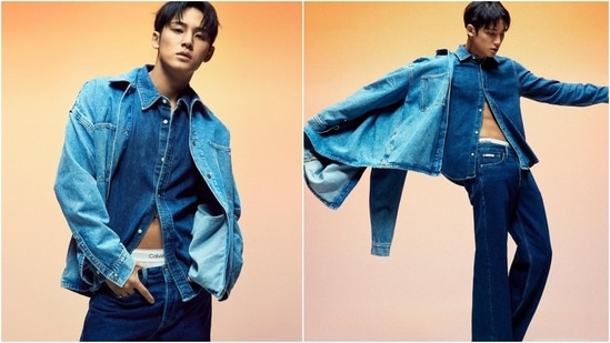 Mingyu made the denim-on-denim style look stylish and sultry with his distinctive style and personality. Here, he wears a dark blue button-down denim shirt, flared denim jeans in matching shade, and a light blue denim jacket.&nbsp;(Instagram)