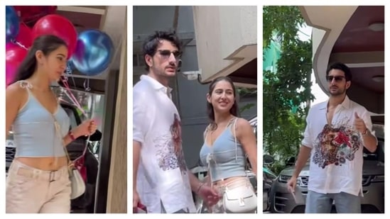 The Khan kids are the ultimate sibling duo for fashion inspo, as they were spotted at their father's residence to attend his birthday celebrations. Sara Ali Khan wore a white pant and a light blue crop top with spaghetti straps and plunging v-neckline. Her brother, Ibrahim wore a simple white kurta with floral print at the front. (Instagram/@varindertchawla)