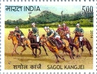 A postage stamp depicting the Meitei game Sagol Kangjei, which inspired the British game polo. (Wikimedia Commons) A postage stamp depicting the Meitei game Sagol Kangjei, which inspired the British game polo. (Wikimedia Commons)