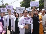 Doctors demonstrating in protest against the sexual assault and murder of a postgraduate trainee doctor at Ruban Hospital in Patna, Bihar, India, Saturday,17, 2024. (Photo by Santosh Kumar/ Hindustan Times)