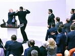 Turkey's lawmakers got into a scuffle during the extraordinary session of the Turkish Grand National Assembly to debate the case of jailed opposition lawmaker Can Atalay, in Ankara, Turkey, Friday, Aug. 16, 2024. (DIA Images via AP)(AP) Turkey's lawmakers got into a scuffle during the extraordinary session of the Turkish Grand National Assembly to debate the case of jailed opposition lawmaker Can Atalay, in Ankara, Turkey, Friday, Aug. 16, 2024. (DIA Images via AP)(AP)