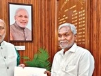Jharkhand CM Champai Soren tenders resignation to governor CP Radhakrishnan at Raj Bhavan in Ranchi on July 3, 2024. (ANI)