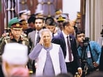 Nobel laureate Muhammad Yunus salutes to the attendees upon arrival at the Bangabhaban to take oath as the head of the interim government, in Dhaka, Bangladesh, on August 8. (REUTERS) Nobel laureate Muhammad Yunus salutes to the attendees upon arrival at the Bangabhaban to take oath as the head of the interim government, in Dhaka, Bangladesh, on August 8. (REUTERS)