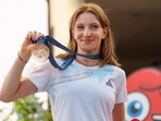 Romanian gymnast Ana Barbosu poses with the bronze medal for her women's artistic gymnastics individual floor performance at the Paris 2024 Olympics