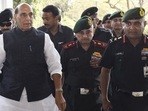 Union defence minister Rajnath Singh with Chief of Defence Staff General Anil Chauhan (middle) and Indian Army chief General Manoj Pande at the Manekshaw Auditorium in New Delhi on Tuesday. (ANI Photo) Union defence minister Rajnath Singh with Chief of Defence Staff General Anil Chauhan (middle) and Indian Army chief General Manoj Pande at the Manekshaw Auditorium in New Delhi on Tuesday. (ANI Photo)