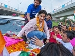 Wrestler Vinesh Phogat upon her arrival at IGI airport from Paris after a historic performance at the Paris Olympics 2024 at IGI Airport in New Delhi