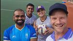 (L-R) PR Sreejesh, Suraj Karkera, Krishan Bahadur Pathak with India’s goalkeeping consultant Dennis van de Pol. (HT Photo)