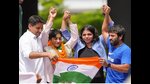 Congress MP Deepender Hooda and grapplers Vinesh Phogat, Sakshi Malik and Bajrang Punia in Jhajjar on Saturday. (Manoj Dhaka/HT) Congress MP Deepender Hooda and grapplers Vinesh Phogat, Sakshi Malik and Bajrang Punia in Jhajjar on Saturday. (Manoj Dhaka/HT)