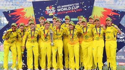Australian players celebrate with trophy after winning the ICC Women's T20 World Cup 2023 (ICC Twitter)
