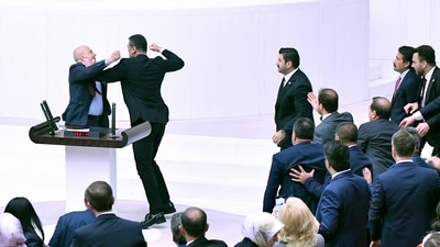 Turkey's lawmakers got into a scuffle during the extraordinary session of the Turkish Grand National Assembly to debate the case of jailed opposition lawmaker Can Atalay, in Ankara, Turkey, Friday, Aug. 16, 2024. (DIA Images via AP) (AP) Turkey's lawmakers got into a scuffle during the extraordinary session of the Turkish Grand National Assembly to debate the case of jailed opposition lawmaker Can Atalay, in Ankara, Turkey, Friday, Aug. 16, 2024. (DIA Images via AP) (AP)