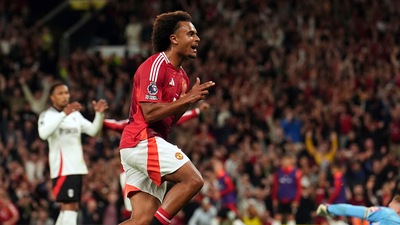 Manchester United's Joshua Zirkzee celebrates scoring their side's first goal of the game during a Premier League soccer match against Fulham at Old Trafford in Manchester (AP) Manchester United's Joshua Zirkzee celebrates scoring their side's first goal of the game during a Premier League soccer match against Fulham at Old Trafford in Manchester (AP)