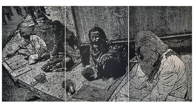Guwahati-based artist Chandan Bez Baruah captures the saints outside Kamakhya Temple in this work, displayed as part of his ongoing solo show. Guwahati-based artist Chandan Bez Baruah captures the saints outside Kamakhya Temple in this work, displayed as part of his ongoing solo show.